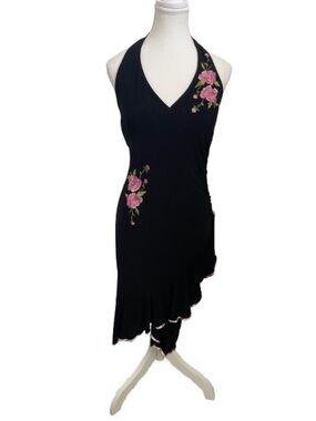 BODY CENTRAL Black Halter Dress  Pink Rose Appliqués - Asymmetrical Hem - Size L
